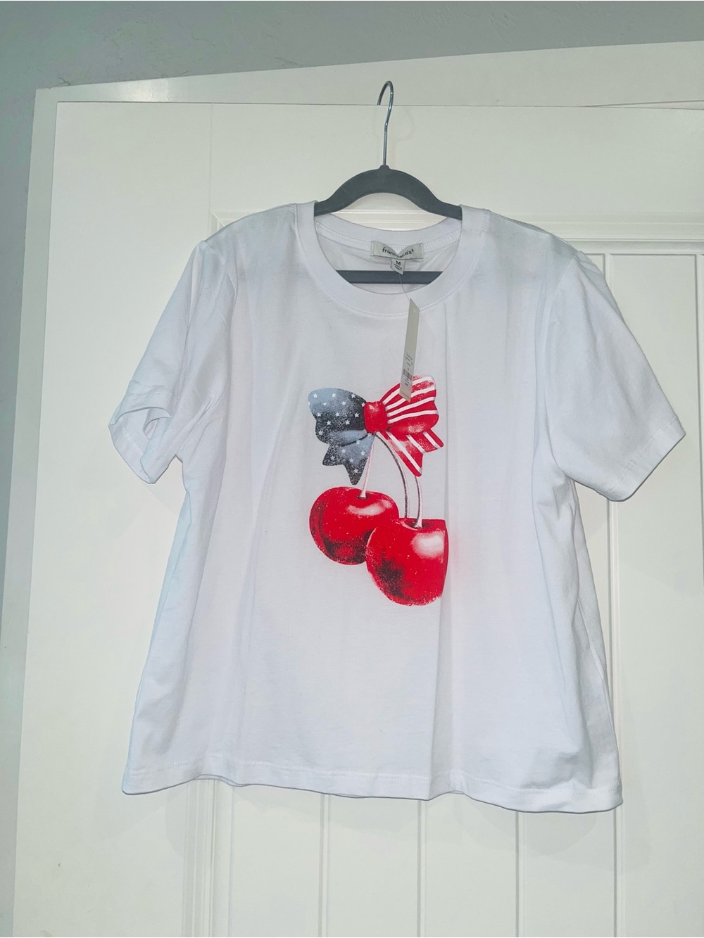 Ladies  White Tee with Red Cherry Print